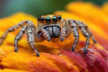 Poster - A spider sits on top of a flower, its legs wrapped around the petals