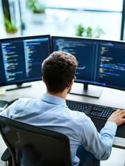Fototapete - A photo of a graphic designer creating a project on a dual-monitor setup.