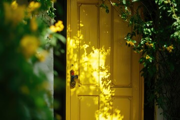Aufkleber - A bright yellow door with a green bush in the background