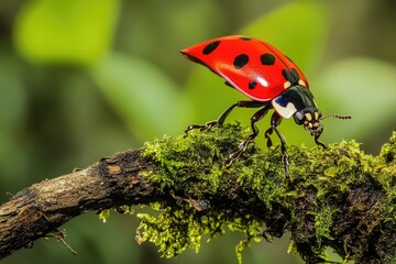 Aufkleber - A ladybug sits on a moss-covered branch, surrounded by nature