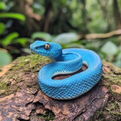 Poster - A close-up shot of a blue snake resting on a tree branch, natural environment