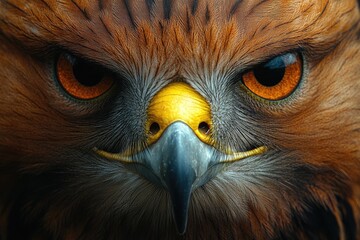 Poster - Close-up of a bird of prey's face, featuring bright orange eyes