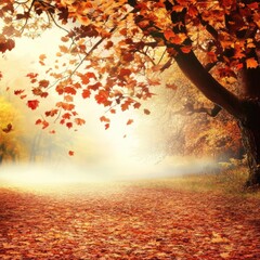 Poster - A serene autumnal scene featuring a rolling hillside covered in colorful foliage, surrounded by tall trees