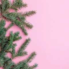 Poster - A single branch from a Christmas tree on a bright pink background, perfect for holiday designs and decorations