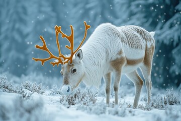 Poster - A reindeer with antlers stands in a snowy environment, suitable for winter or Christmas-themed uses
