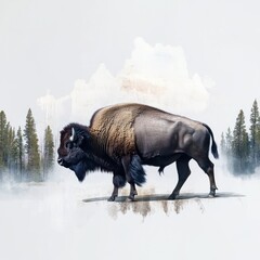 Sticker - A bison walks through a winter landscape with deep snow, perfect for cold weather or wildlife scenes