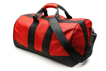 Poster - A small duffel bag with red and black stripes on a clean white surface