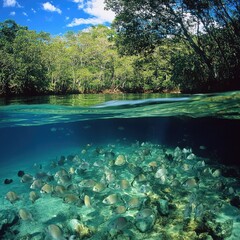Poster - A large school of fish swimming together in a river