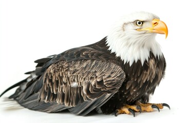 Poster - A close-up view of a bald eagle's head and feathers on a white background, ideal for wildlife or nature-themed projects