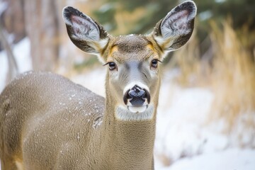 Poster - A deer stands in the snow, looking directly at the camera