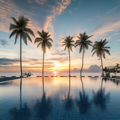 Poster - A serene scene of a pool surrounded by palm trees as the sun sets in the background