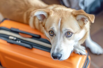 Canvas Print - A dog sitting on top of a piece of luggage, possibly waiting for its owner to return