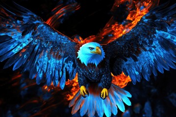 Poster - A bald eagle soars through the dark night sky, illuminated by stars