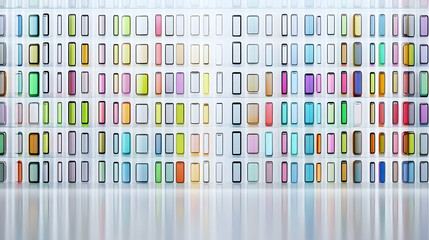 Colorful phone display wall; technology showcase; bright background; modern design; website banner.