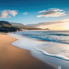 Poster - A beach with waves and a mountain in the background, suitable for outdoor or nature-related themes