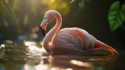 Wall Mural - A flamingo swims peacefully in calm waters