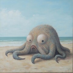 Poster - A colorful octopus sits on the sandy beach, surrounded by seashells and ocean waves