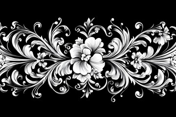 Poster - Modern seamless background featuring a Baroque-inspired design, with intricate white and black floral ornamentation. Suitable for fabric, wallpaper, and packaging. Delicate and ornate Damask-style