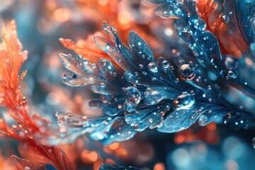 Poster - Close-up view of a plant's leaves with water droplets glistening in the light, suitable for use in nature and science illustrations