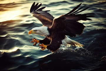 Poster - A majestic bald eagle soaring above the surface of a lake or river, with the sun shining down