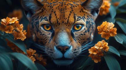 Poster - Close-up of a leopard's face surrounded by colorful flowers, perfect for nature or wildlife themed designs