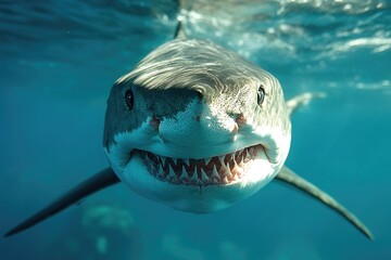 Poster - Close-up image of a shark with its mouth open, suitable for use in articles about marine life or ocean conservation
