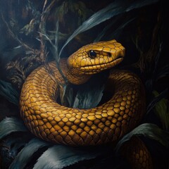 Poster - A snake coiled in the underbrush of a dense jungle scene