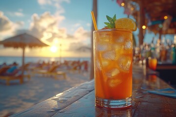 Aufkleber - A drink sits on top of a wooden table