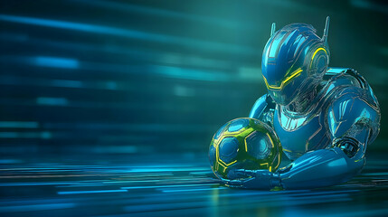 Futuristic robot holding soccer ball, digital background, AI sports, technology concept.