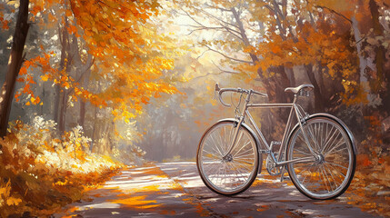Poster - Vintage bicycle on a scenic autumn path with golden foliage and sunlight