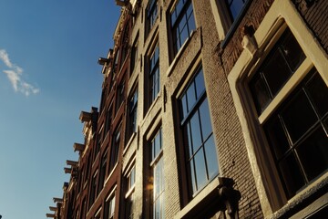 Poster - A tall brick building with a clock on its side, suitable for cityscape or architecture photoshoots