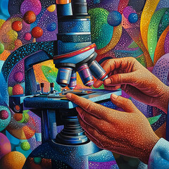 Poster - Abstract illustration of hands using a microscope with vibrant colors