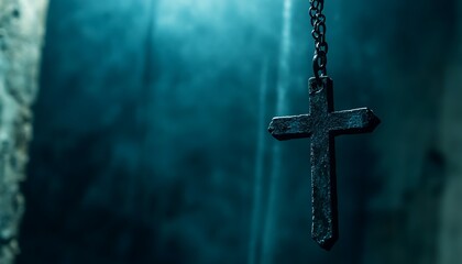 Wall Mural - A close-up of a dark, metal cross hanging against a moody background.