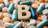 Bunch of pills with the letter B in the middle. The pills are in different colors and shapes