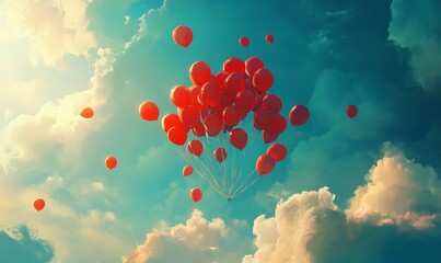 bunch of red balloons are floating in the sky. the balloons are tied together and are scattered thro