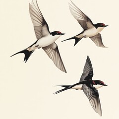 Poster - Three birds soaring through a clear blue sky, flying in unison