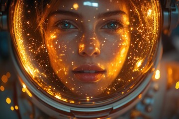 Poster - A close-up view of a person wearing a space suit, suitable for science and technology related projects