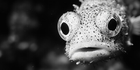 Poster - A close-up shot of a fish with large eyes, captured in black and white