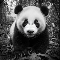 Poster - A close-up image of a panda bear in a monochrome tone