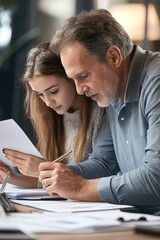 Poster - Two professionals reviewing papers at a table, suitable for office or business settings