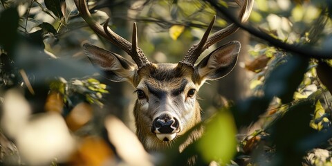 Poster - A deer's face in a natural environment with trees and foliage