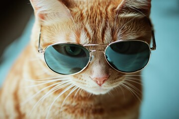 Poster - A cute orange cat posing with trendy sunglasses on a blue surface, perfect for lifestyle or entertainment use