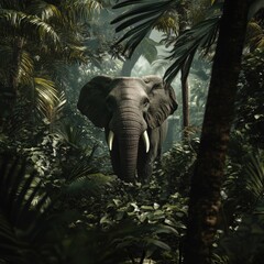 Poster - An elephant roams through dense jungle foliage