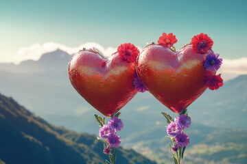 Poster - Two heart-shaped balloons with flowers attached, perfect for romantic occasions or Valentine's Day