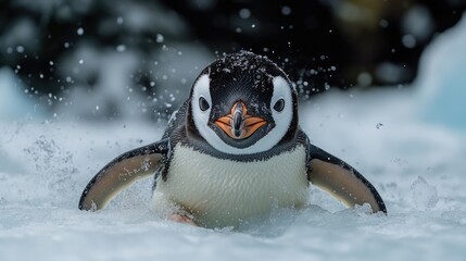 Wall Mural - A penguin walks through snowy terrain, likely on its way to hunt for fish or find shelter