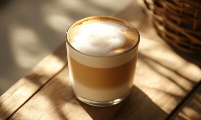 Wall Mural - Close-up of a coffee mug with foam on top, placed on wooden surface under sunlight. Coffee is often associated with relaxation and morning routine.