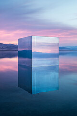 Poster - Reflective cube on serene water at sunset with colorful sky