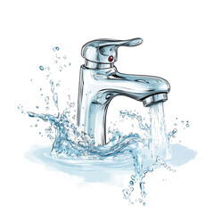 Poster - A stylized illustration depicts a chrome faucet with water splashing dynamically from its spout.