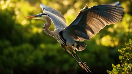 Poster - A majestic bird spreads its wings and flies over a dense, verdant forest