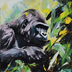 Wall Mural - A painting of a gorilla in its natural habitat, suitable for use in wildlife or conservation-themed projects